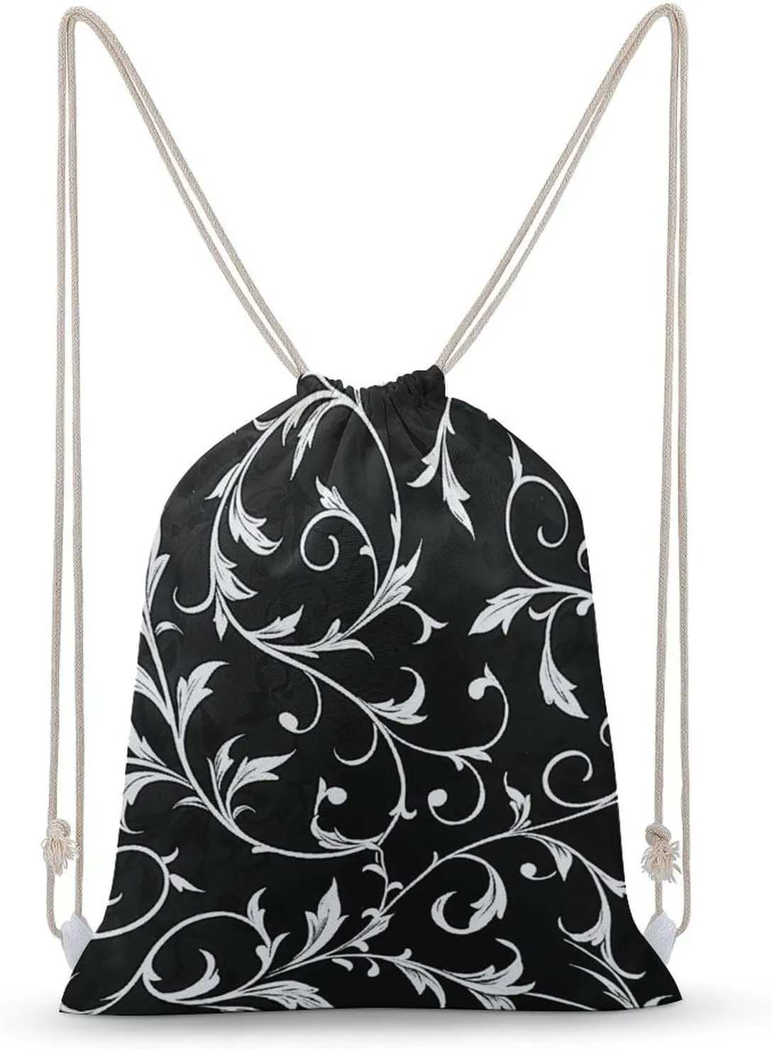 White Leaf Swirl Drawstring Backpack for Women Men Drawstring Bag for Travel Swimming Sports Gym Bag