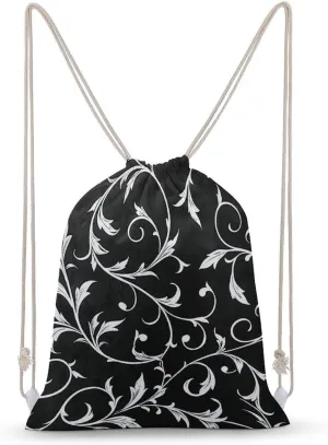 White Leaf Swirl Drawstring Backpack for Women Men Drawstring Bag for Travel Swimming Sports Gym Bag