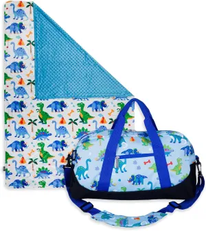 Wildkin Plush Blanket Bundle with Overnighter Duffel Bag (Dinosaur Land)