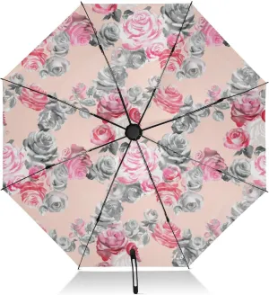 Windproof Travel Umbrella, Compact Umbrellas, Auto Open Close, Backpack Purse Portable, Ideal for Women, Watercolor Pink Gray Roses