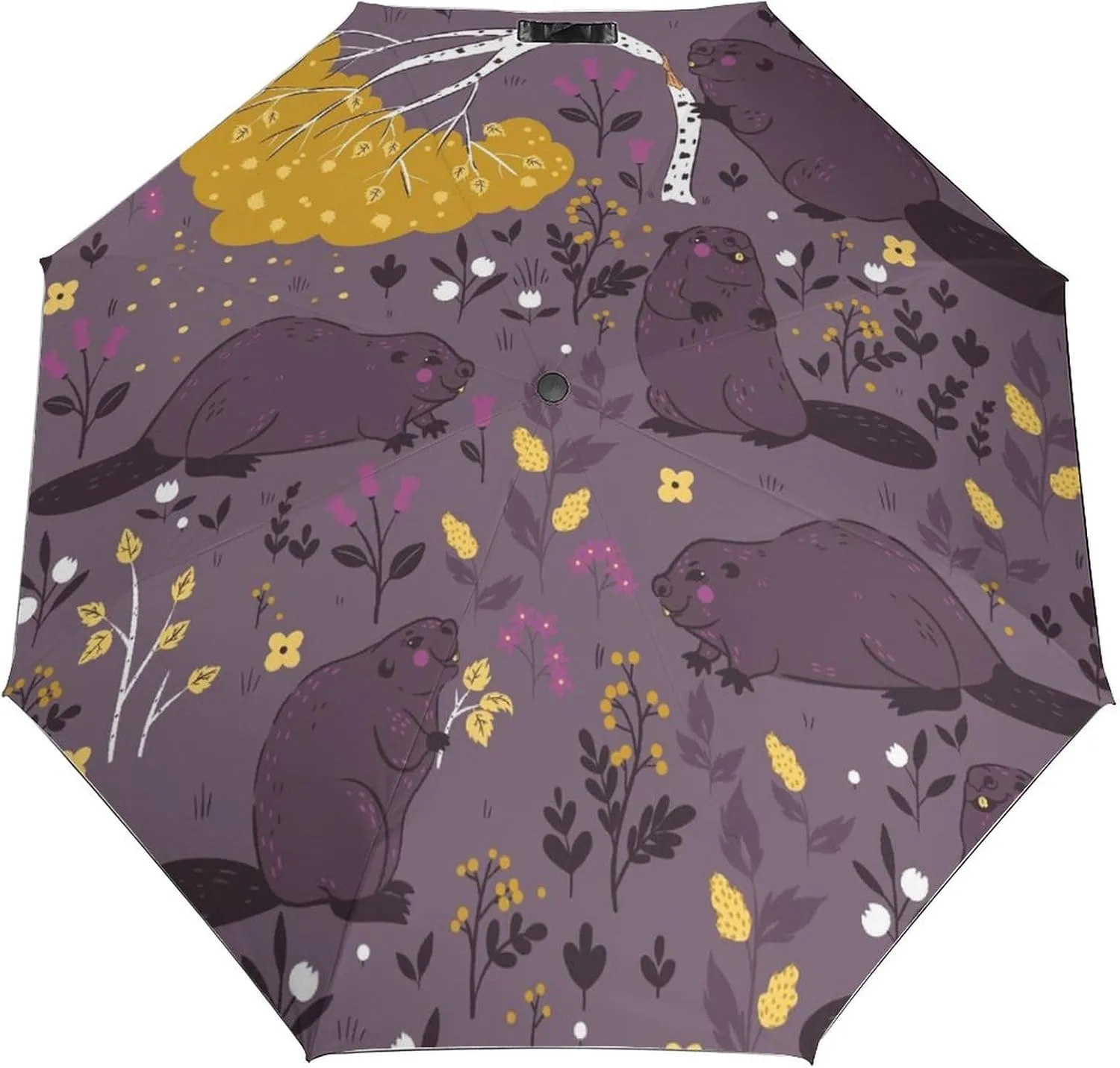 Windproof Travel Umbrellas for Rain,Cute Beavers Flower Durable & Compact Umbrella-Waterproof Canopy for Backpack, Purse, Portable, Umbrella for Travel
