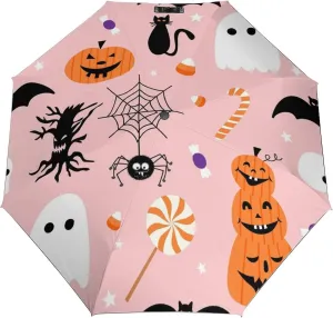 Windproof Travel Umbrellas for Rain,Halloween Ghost Pumpkin Pink Durable & Compact Umbrella-Waterproof Canopy for Backpack, Purse, Portable, Umbrella for Travel