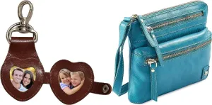 Wise Owl Turquoise Green Nappa Accessories Small Triple Zip Real Leather Womens Crossbody- Premium Vintage Crossover Shoulder Sling Bag with 3D Leather Keychain Cute Heart shape Leather Keyring