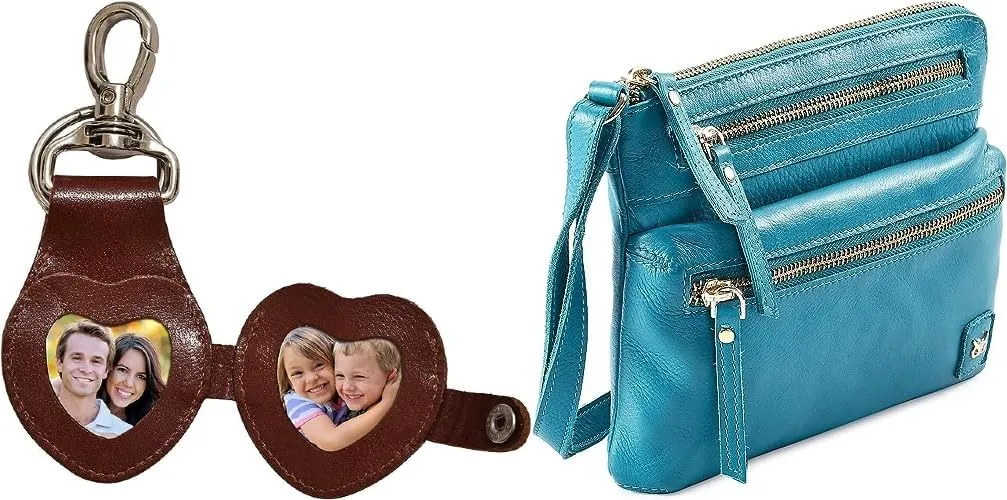 Wise Owl Turquoise Green Nappa Accessories Small Triple Zip Real Leather Womens Crossbody- Premium Vintage Crossover Shoulder Sling Bag with 3D Leather Keychain Cute Heart shape Leather Keyring
