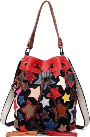 Women Multicolor Genuine Leather Colorful Star Stitching Handbag Purse Ladies Bohemian Handbag Vintage Crossbody Bags, One Color, One Size