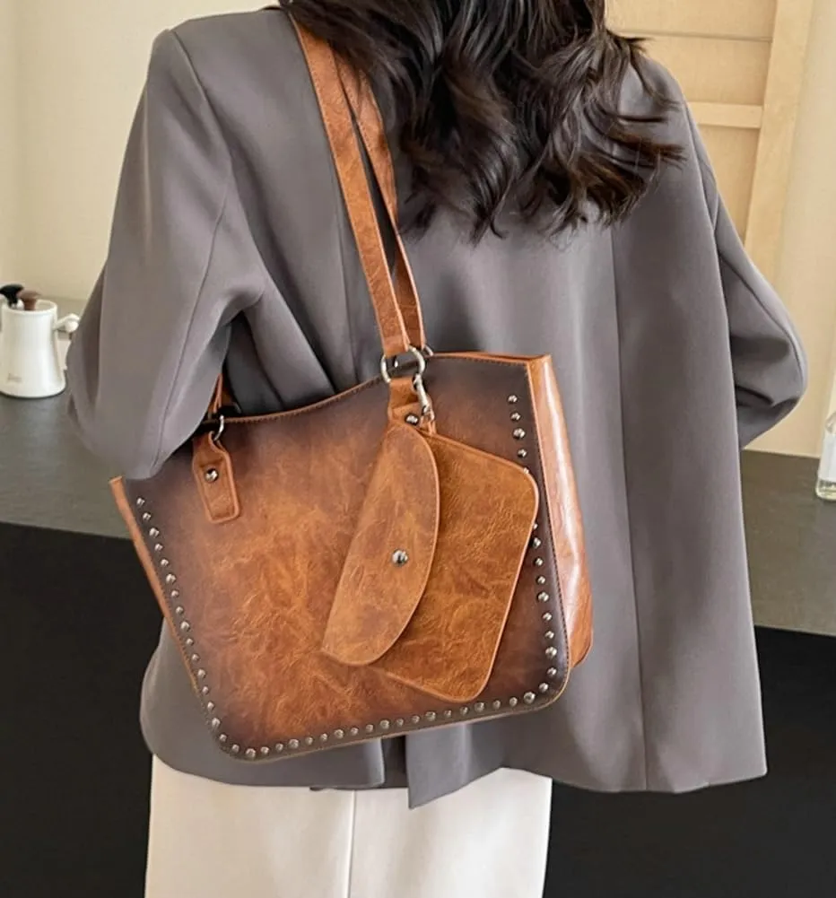 Women Vintage Tote Bag Purse Set Chic Shoulder Top Handle Handbag Faux Leather Hobo Bag