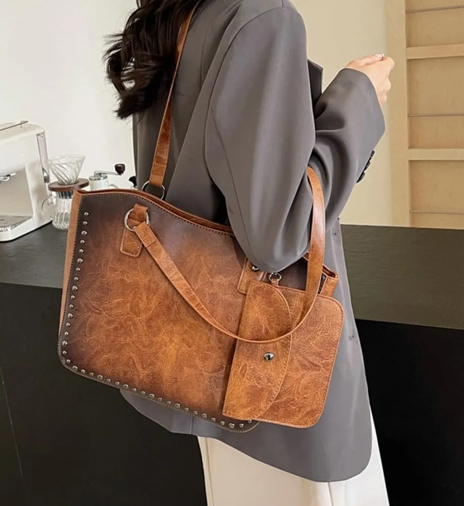 Women Vintage Tote Bag Purse Set Chic Shoulder Top Handle Handbag Faux Leather Hobo Bag