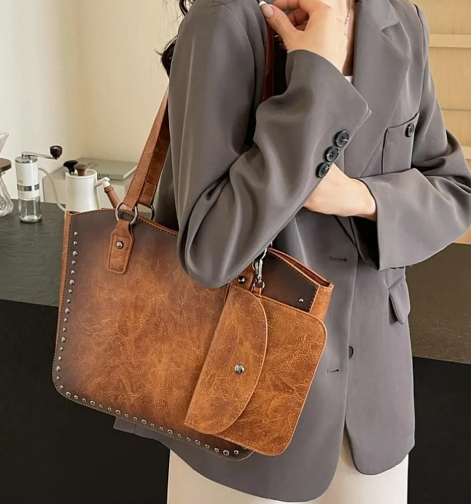Women Vintage Tote Bag Purse Set Chic Shoulder Top Handle Handbag Faux Leather Hobo Bag