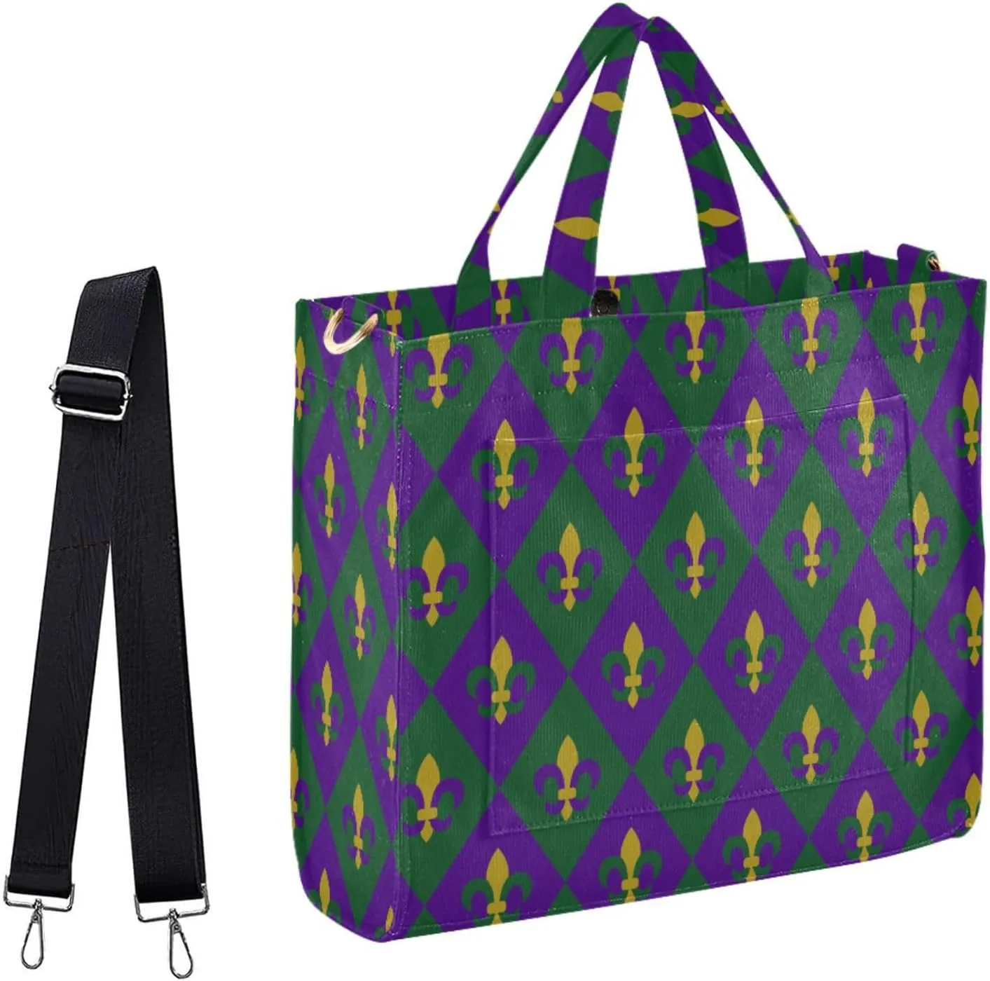 Womens Corduroy Tote Bag Mardi Gras Carnival Check Fleur De Lis Satchel Handbag for Weekender Travel Gym