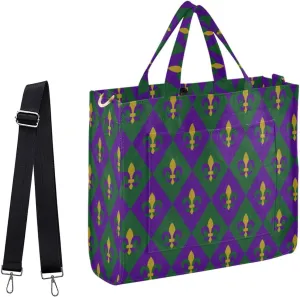 Womens Corduroy Tote Bag Mardi Gras Carnival Check Fleur De Lis Satchel Handbag for Weekender Travel Gym