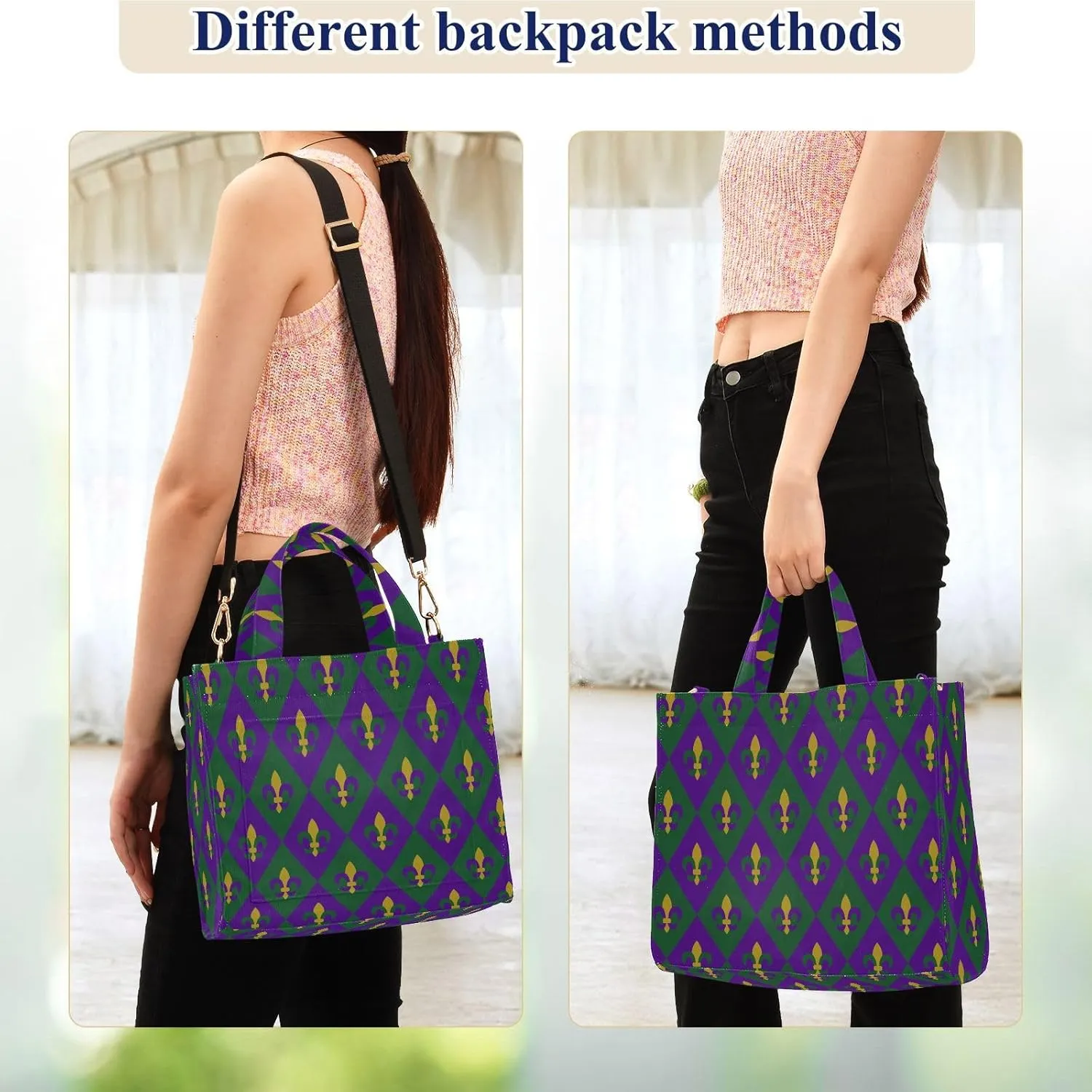 Womens Corduroy Tote Bag Mardi Gras Carnival Check Fleur De Lis Satchel Handbag for Weekender Travel Gym