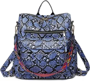 Women's Snake Print Backpack Snakeskin Purse Handbag Shoulder Bag Casual Multipurpose Tote Travel Rucksack (Blue)