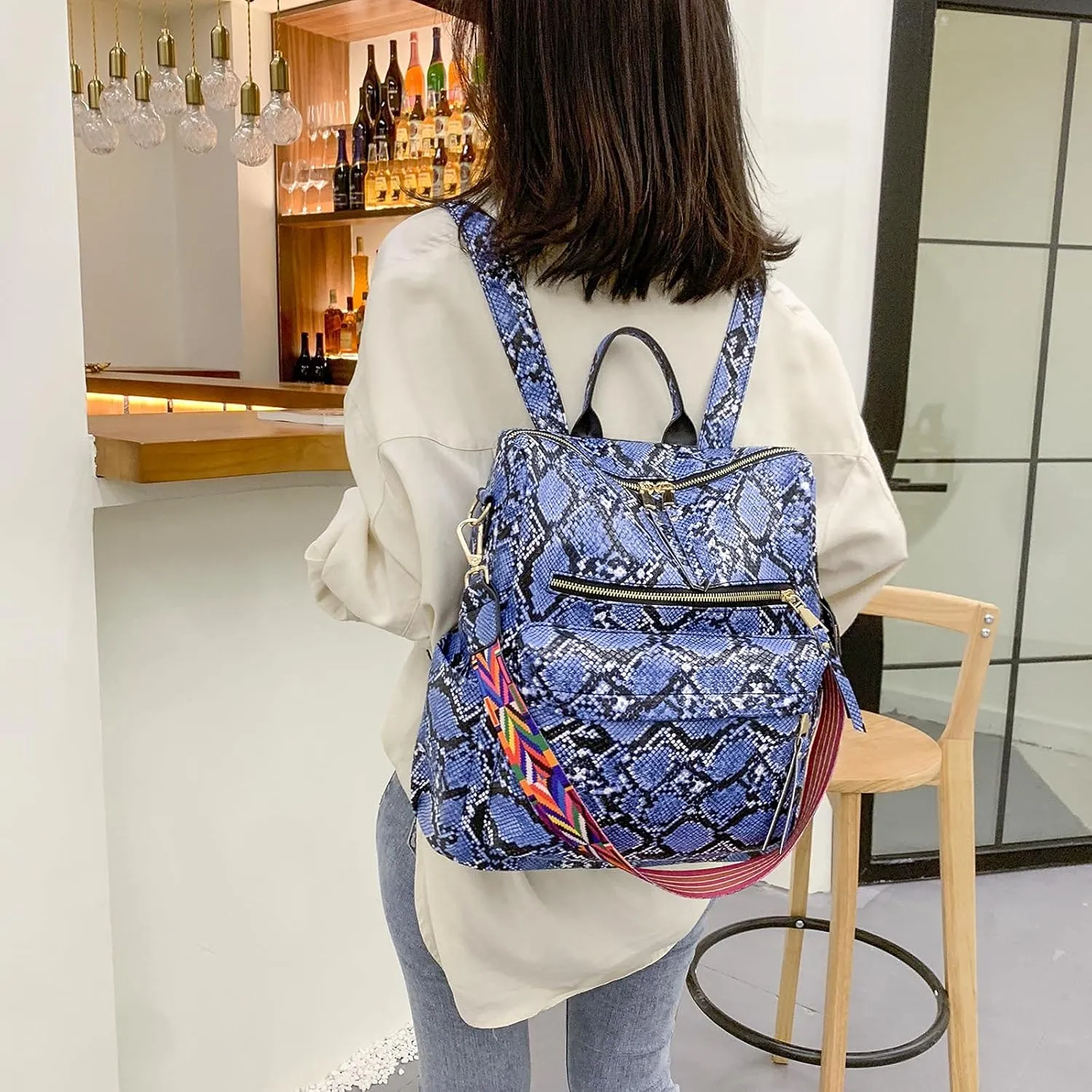 Women's Snake Print Backpack Snakeskin Purse Handbag Shoulder Bag Casual Multipurpose Tote Travel Rucksack (Blue)