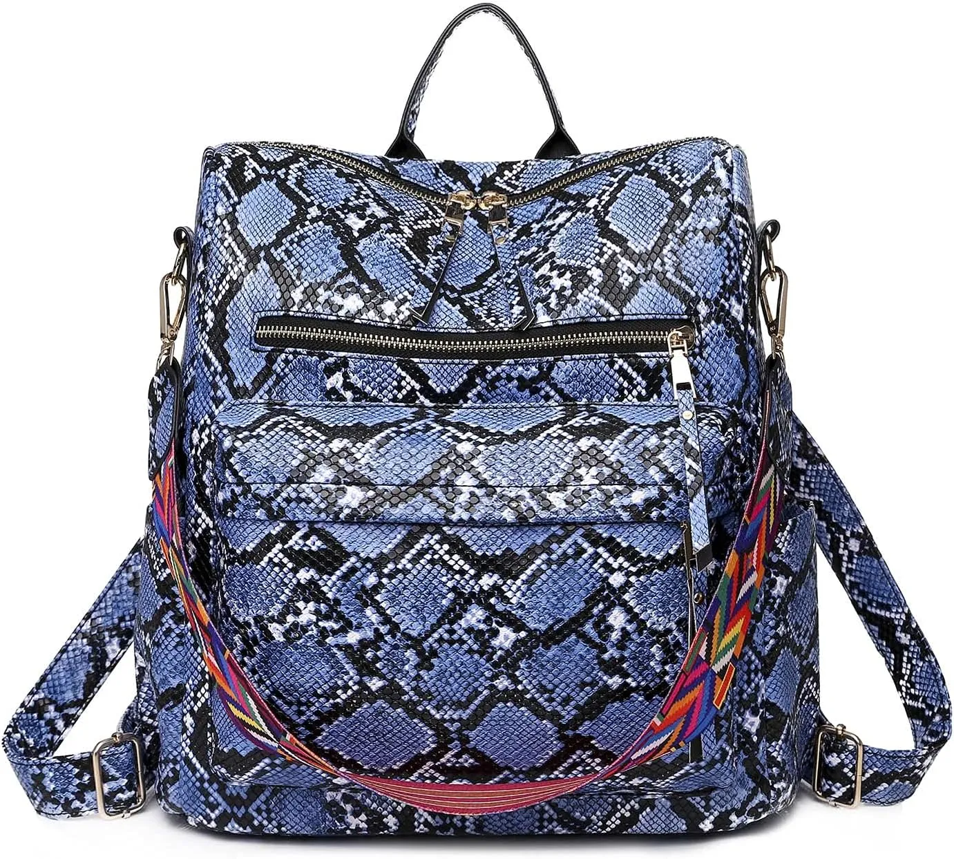 Women's Snake Print Backpack Snakeskin Purse Handbag Shoulder Bag Casual Multipurpose Tote Travel Rucksack (Blue)