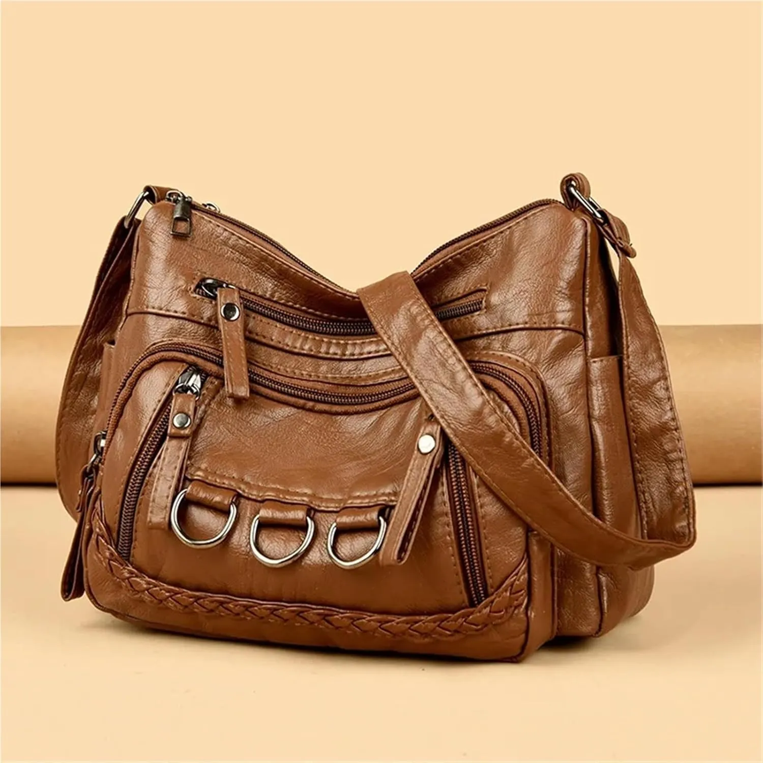 Women’s Soft Washed Leather Crossbody Bag – Fashionable Shoulder Bag, Middle-aged Mother’s Handbag(Blue)