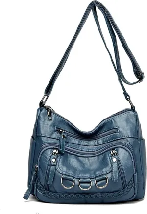 Women’s Soft Washed Leather Crossbody Bag – Fashionable Shoulder Bag, Middle-aged Mother’s Handbag(Blue)