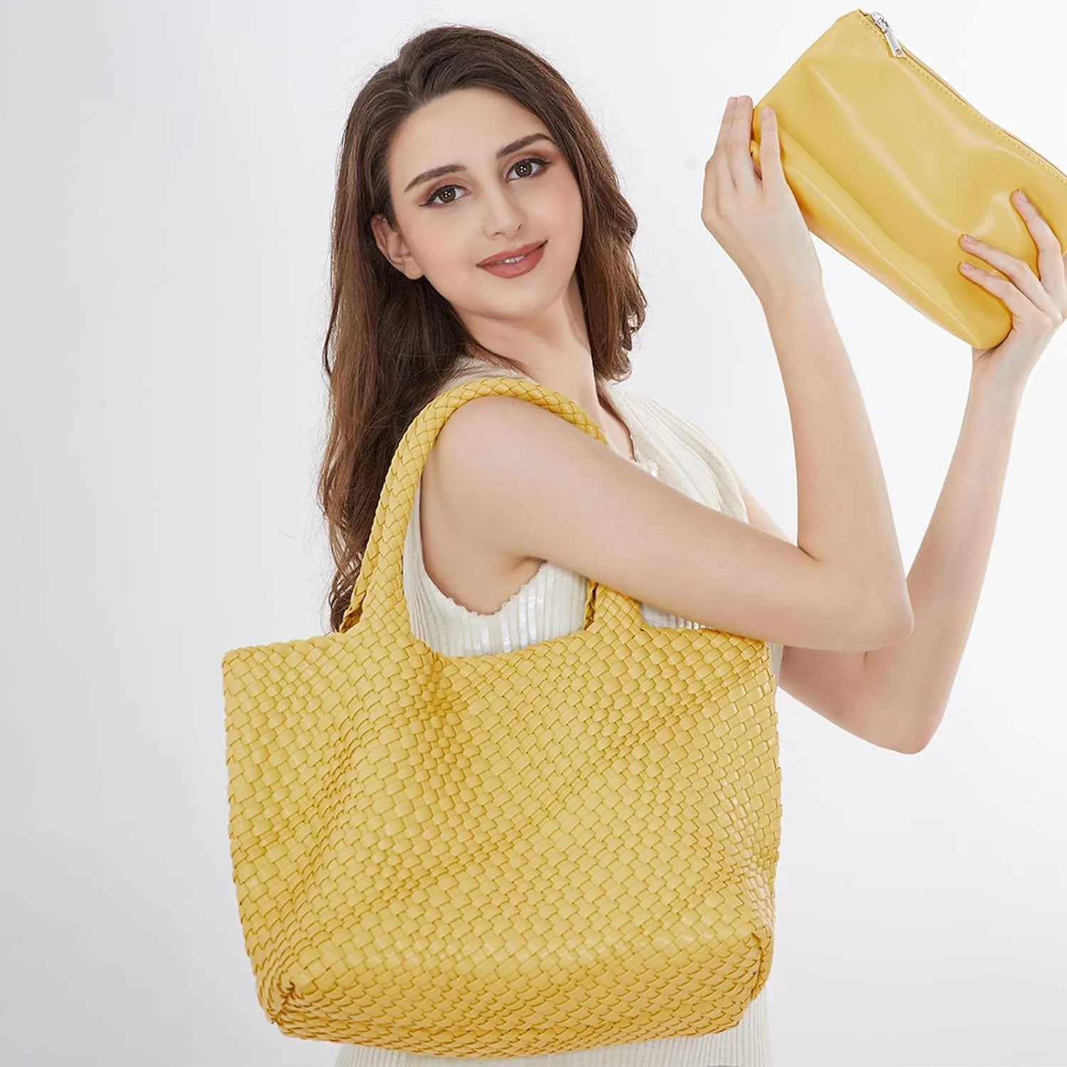 Woven Tote Bag Womens Purse Vegan Leather Shoulder Handbags Fashion Summer Beach Tote Bags Large Travel Totes
