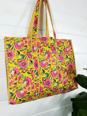 Yellow and Pink Floral Cotton Quilted Block Print Tote Bag