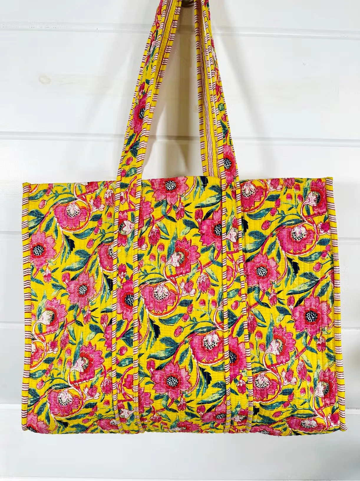 Yellow and Pink Floral Cotton Quilted Block Print Tote Bag
