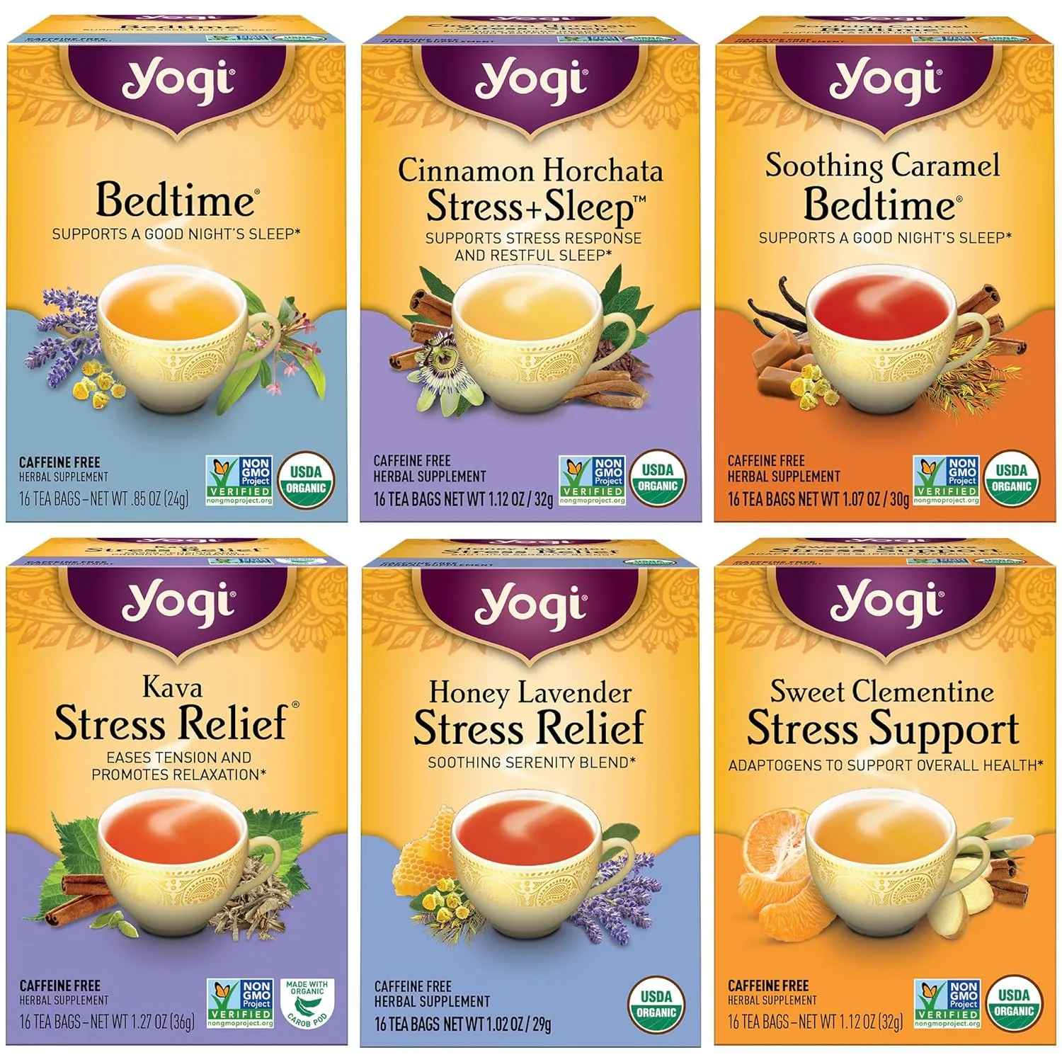Yogi Tea Stress Relief & Herbal Variety Sampler - 16 Bags per Pack (6 Packs) - Organic Herbal Tea Sampler - Includes Bedtime, Kava Stress Relief, Soothing Caramel Bedtime & More