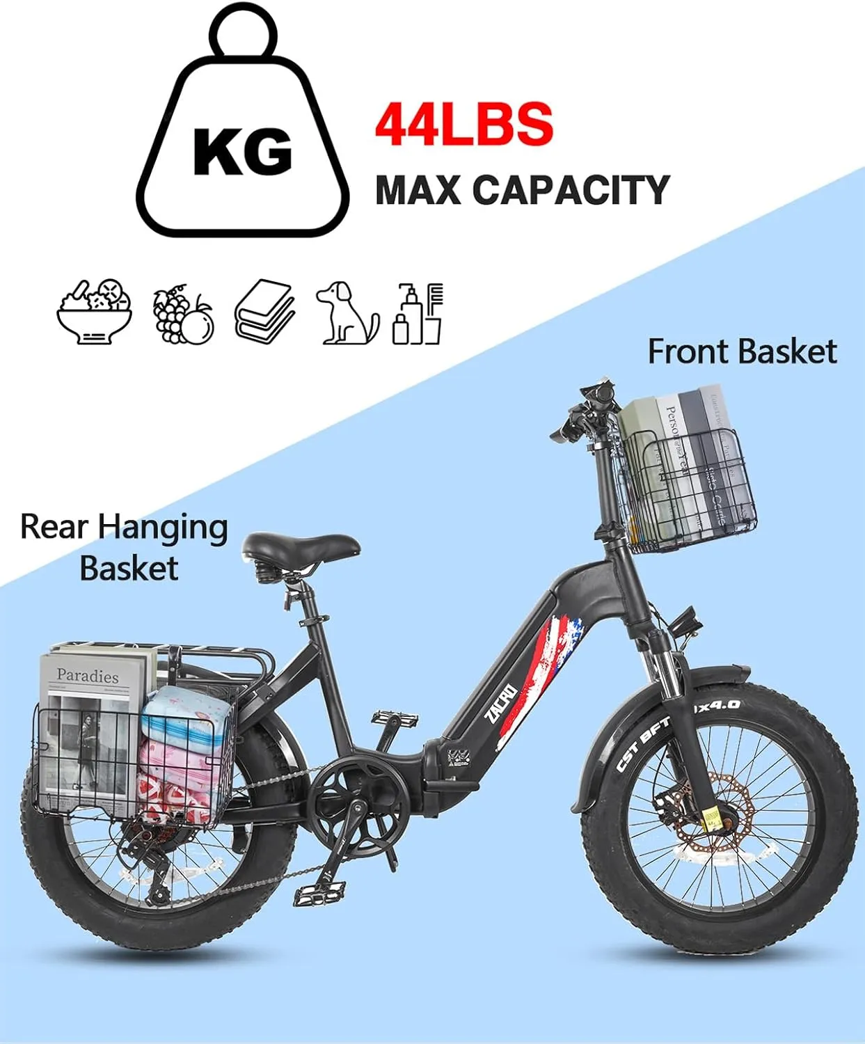 Zacro Bike Basket Front/Rear, Folding Bicycle Basket with Removable Liner Bag, Large Quick Release Design Metal Ebike Basket for Adult Women/Men Carrying Dogs, Pets, Fruit & Grocery