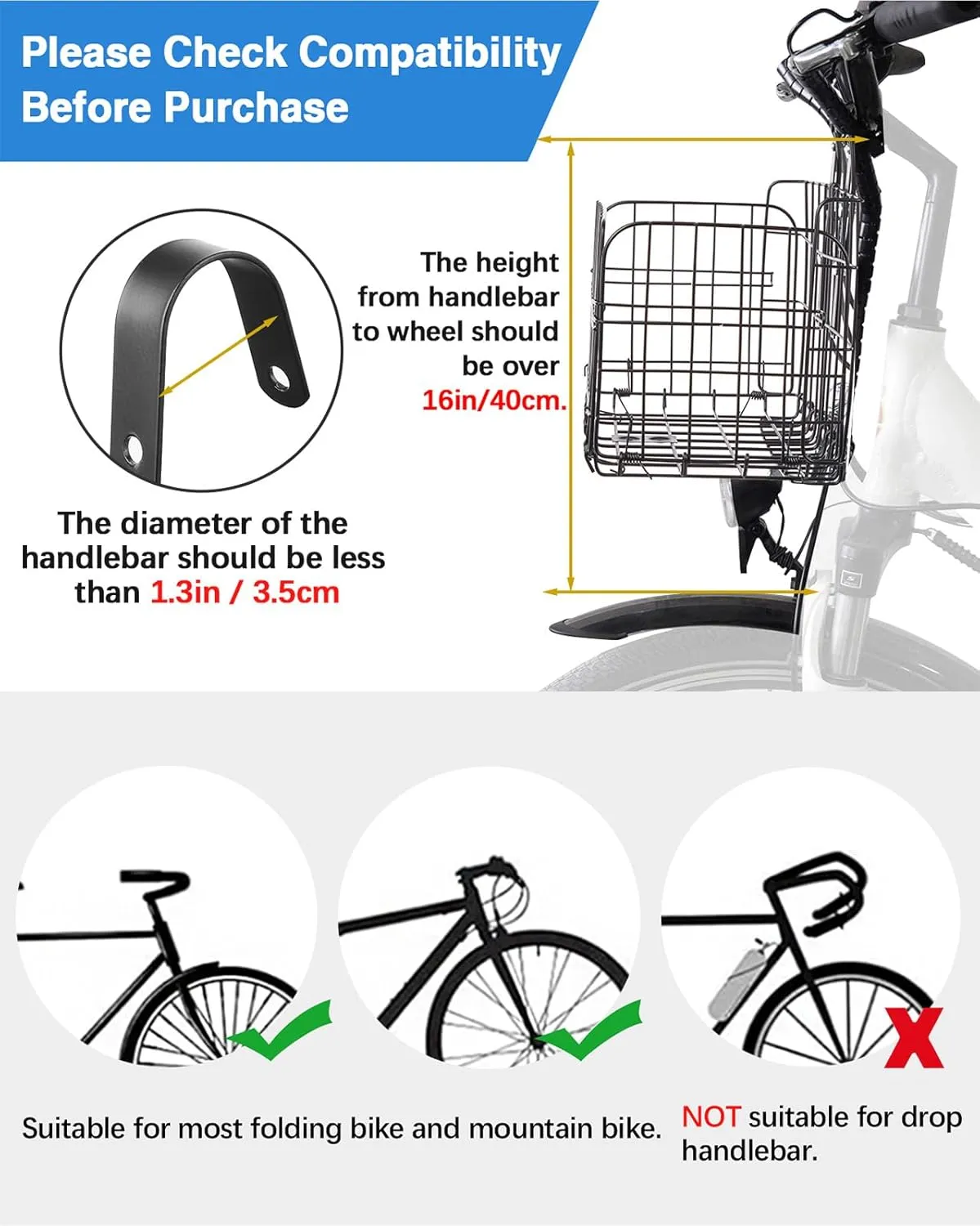 Zacro Bike Basket Front/Rear, Folding Bicycle Basket with Removable Liner Bag, Large Quick Release Design Metal Ebike Basket for Adult Women/Men Carrying Dogs, Pets, Fruit & Grocery