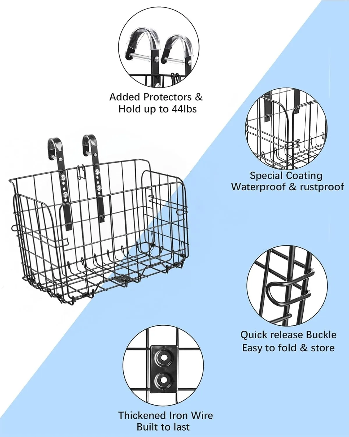 Zacro Bike Basket Front/Rear, Folding Bicycle Basket with Removable Liner Bag, Large Quick Release Design Metal Ebike Basket for Adult Women/Men Carrying Dogs, Pets, Fruit & Grocery