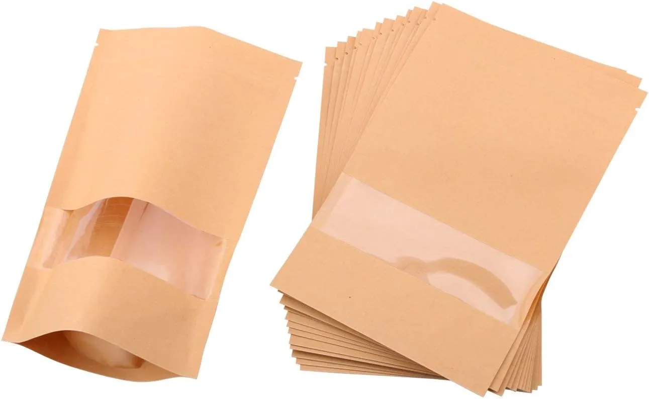 Zip Lock Pouch Bags 100pcs, 8.7''×5.5'' Resealable Bags for Small Business, Kraft Paper Bags with Window, Cookie Bags with Seal for Small Business, Family, Company