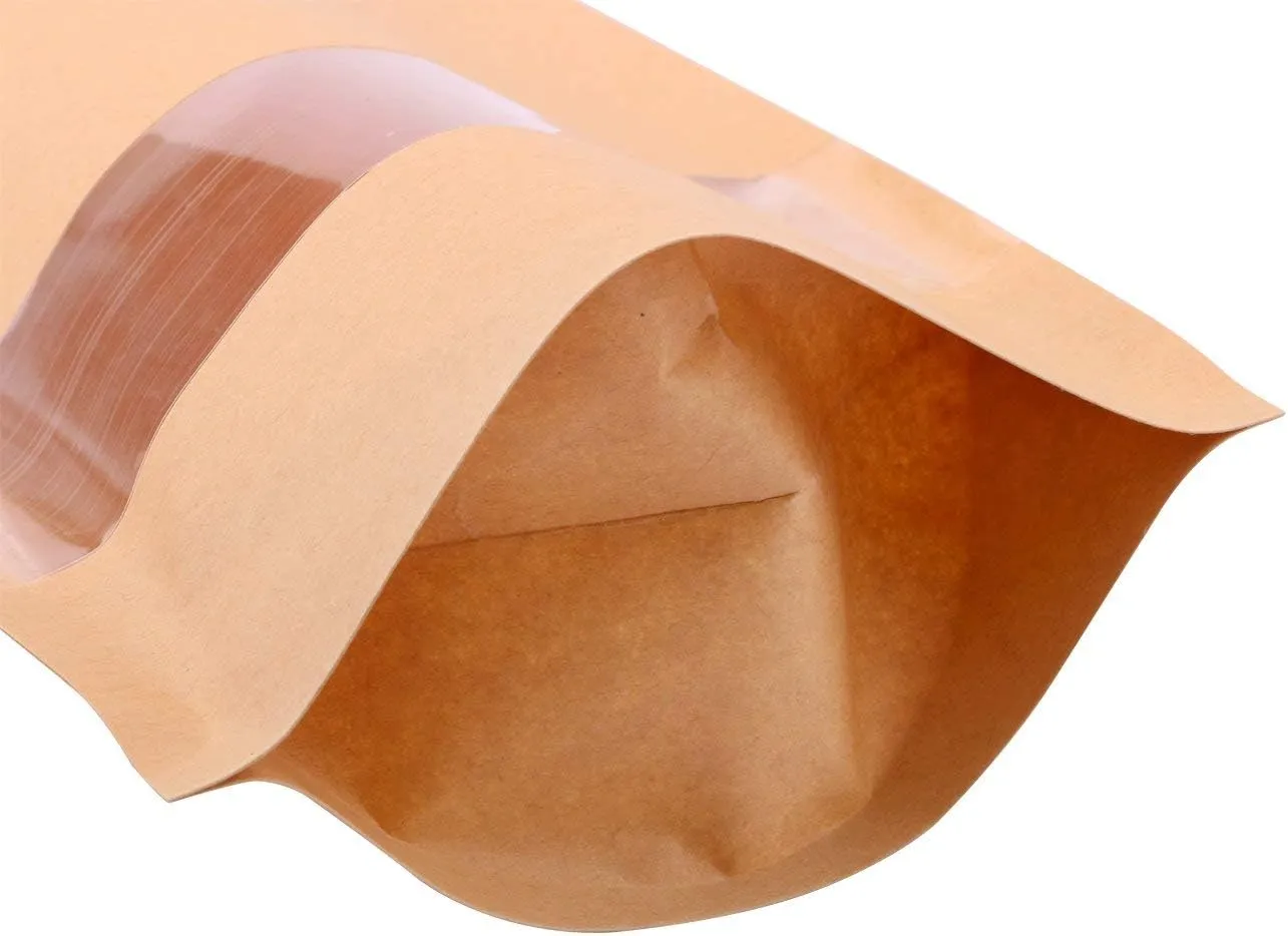 Zip Lock Pouch Bags 100pcs, 8.7''×5.5'' Resealable Bags for Small Business, Kraft Paper Bags with Window, Cookie Bags with Seal for Small Business, Family, Company