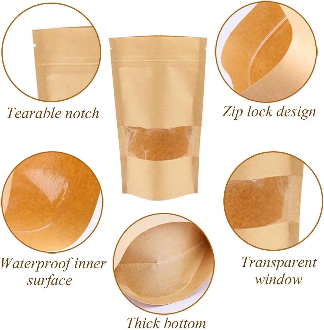 Zip Lock Pouch Bags 100pcs, 8.7''×5.5'' Resealable Bags for Small Business, Kraft Paper Bags with Window, Cookie Bags with Seal for Small Business, Family, Company