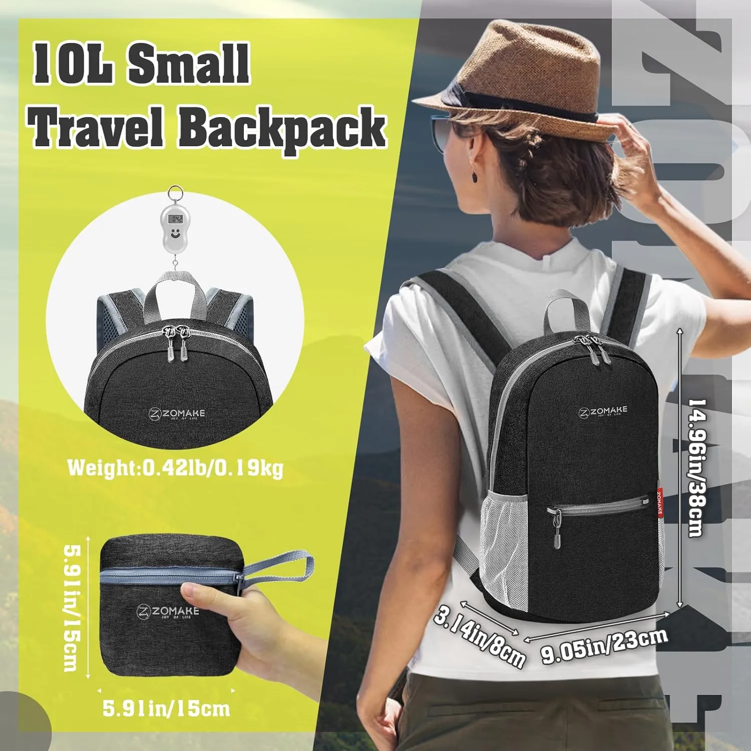 ZOMAKE 10L Lightweight Packable Hiking Backpack - Small Travel Hiking Daypack for Women Men - Tear Resistant Foldable Day Pack for Camping Outdoor Sports(Black)