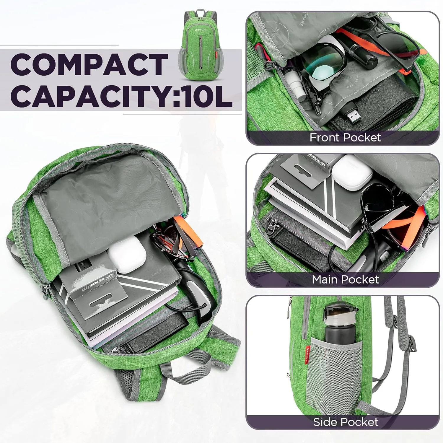 ZOMAKE 10L Small Packable Hiking Backpack - Lightweight Hiking Daypack - Tear Resistant Foldable Day Pack for Women Men