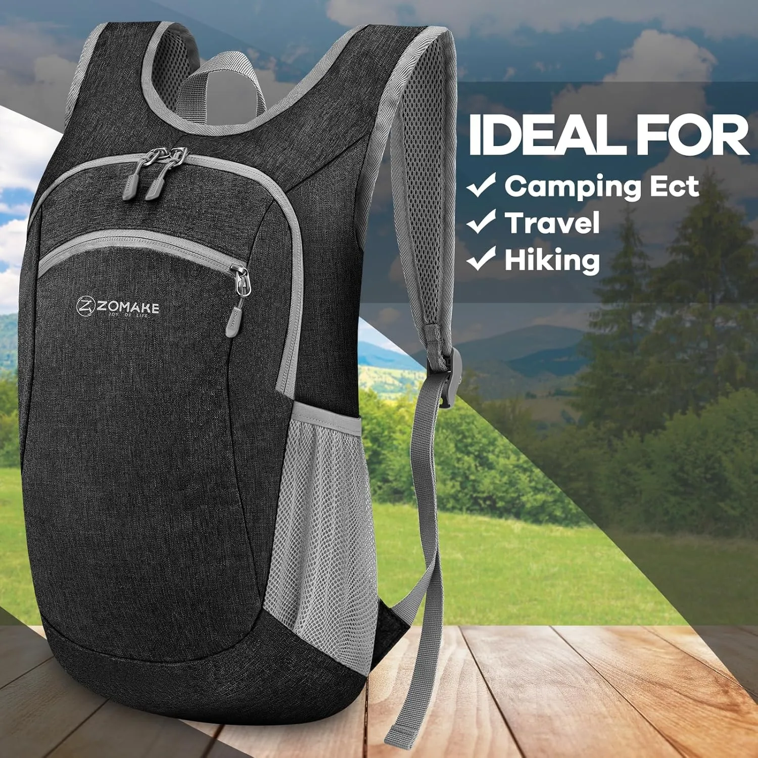 ZOMAKE Ultra Lightweight Packable Backpack, 10L Small Daypack Light Foldable Backpacks Water Resistant Day Bag for Hiking (Black)