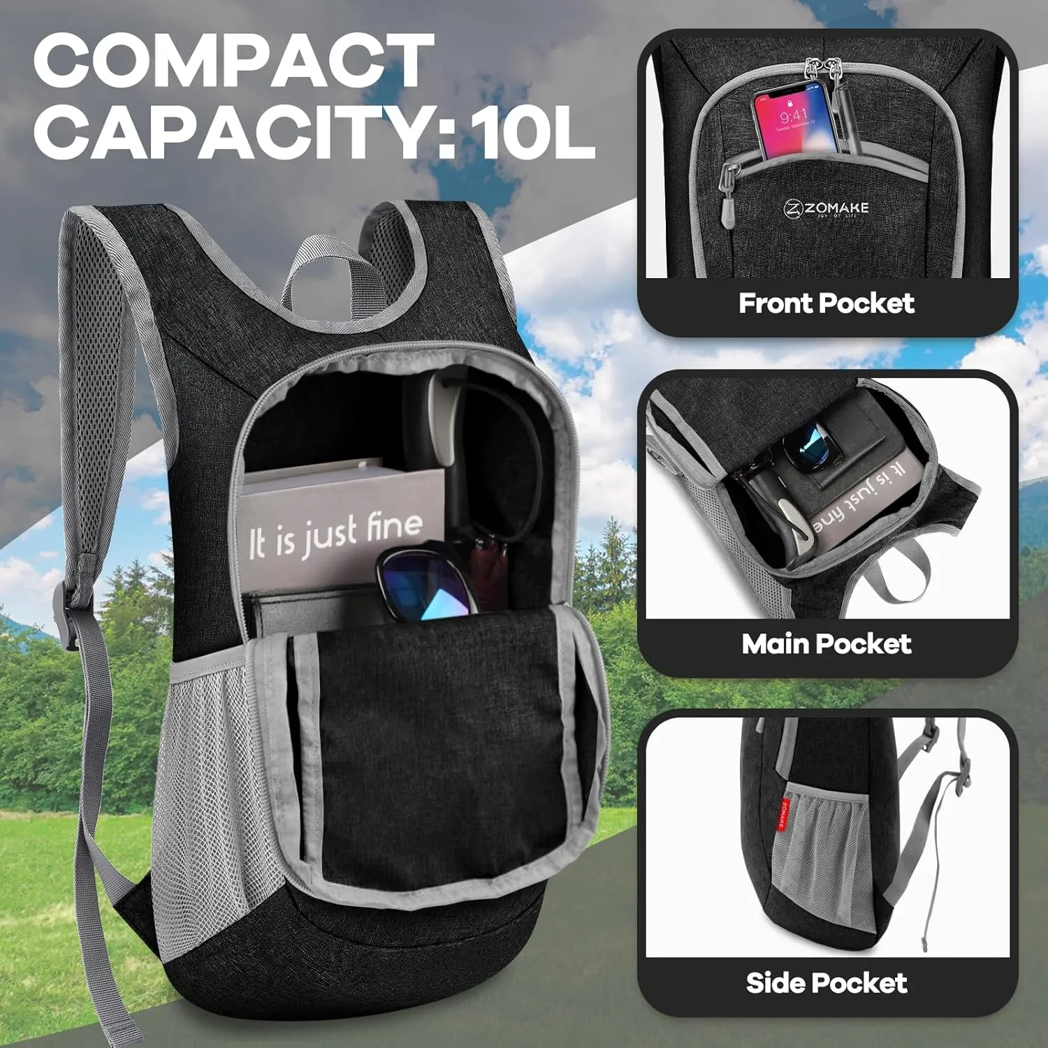 ZOMAKE Ultra Lightweight Packable Backpack, 10L Small Daypack Light Foldable Backpacks Water Resistant Day Bag for Hiking (Black)
