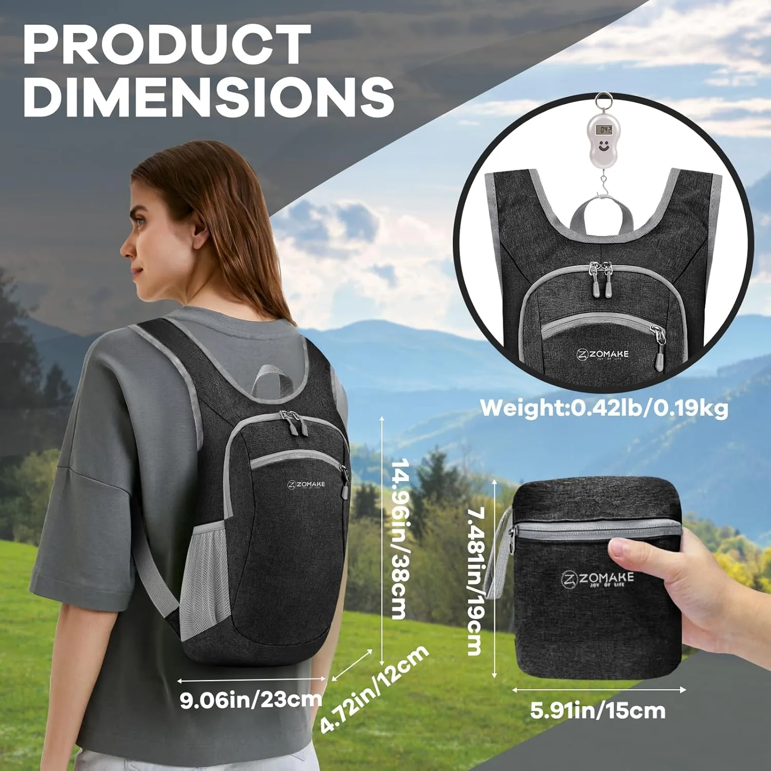 ZOMAKE Ultra Lightweight Packable Backpack, 10L Small Daypack Light Foldable Backpacks Water Resistant Day Bag for Hiking (Black)
