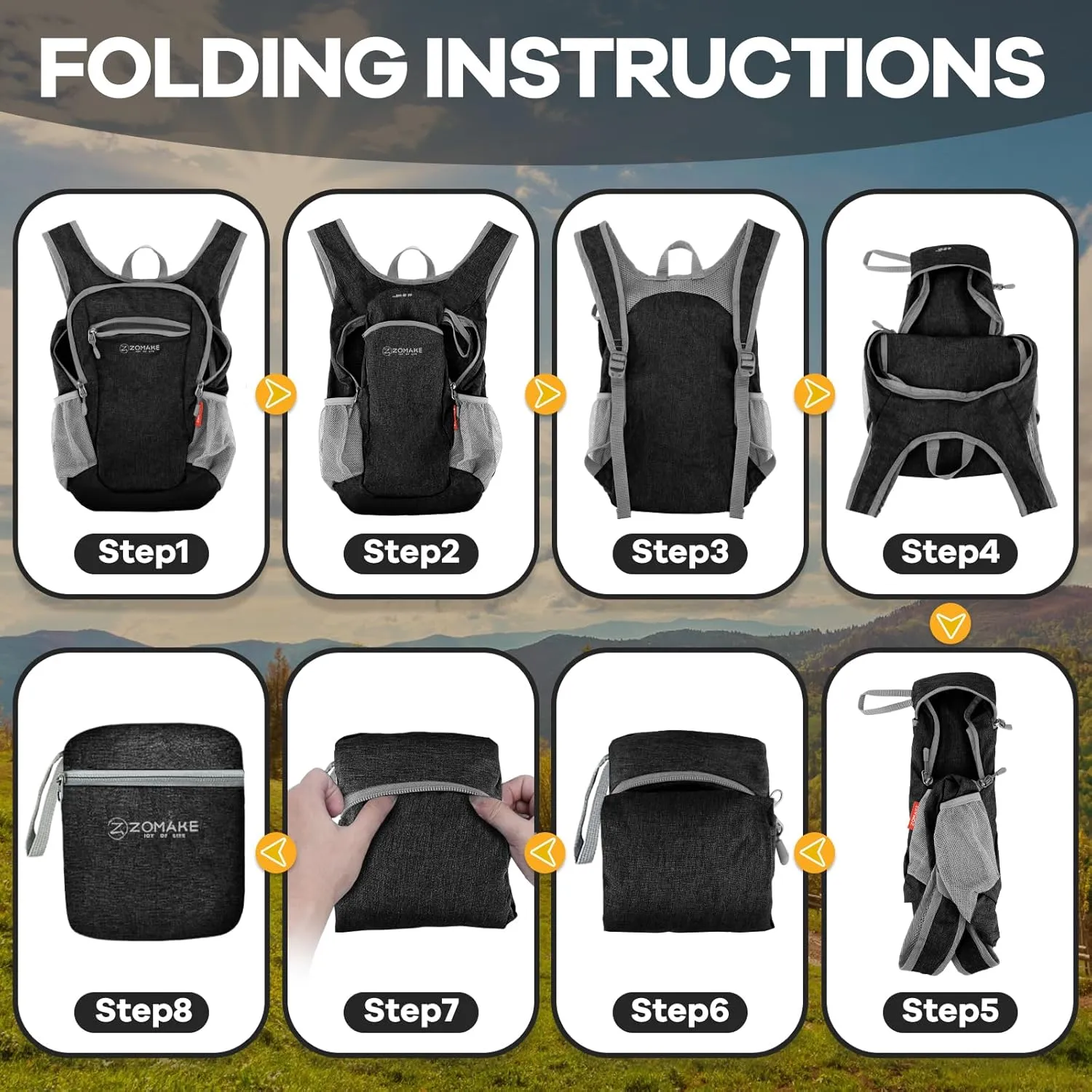 ZOMAKE Ultra Lightweight Packable Backpack, 10L Small Daypack Light Foldable Backpacks Water Resistant Day Bag for Hiking (Black)
