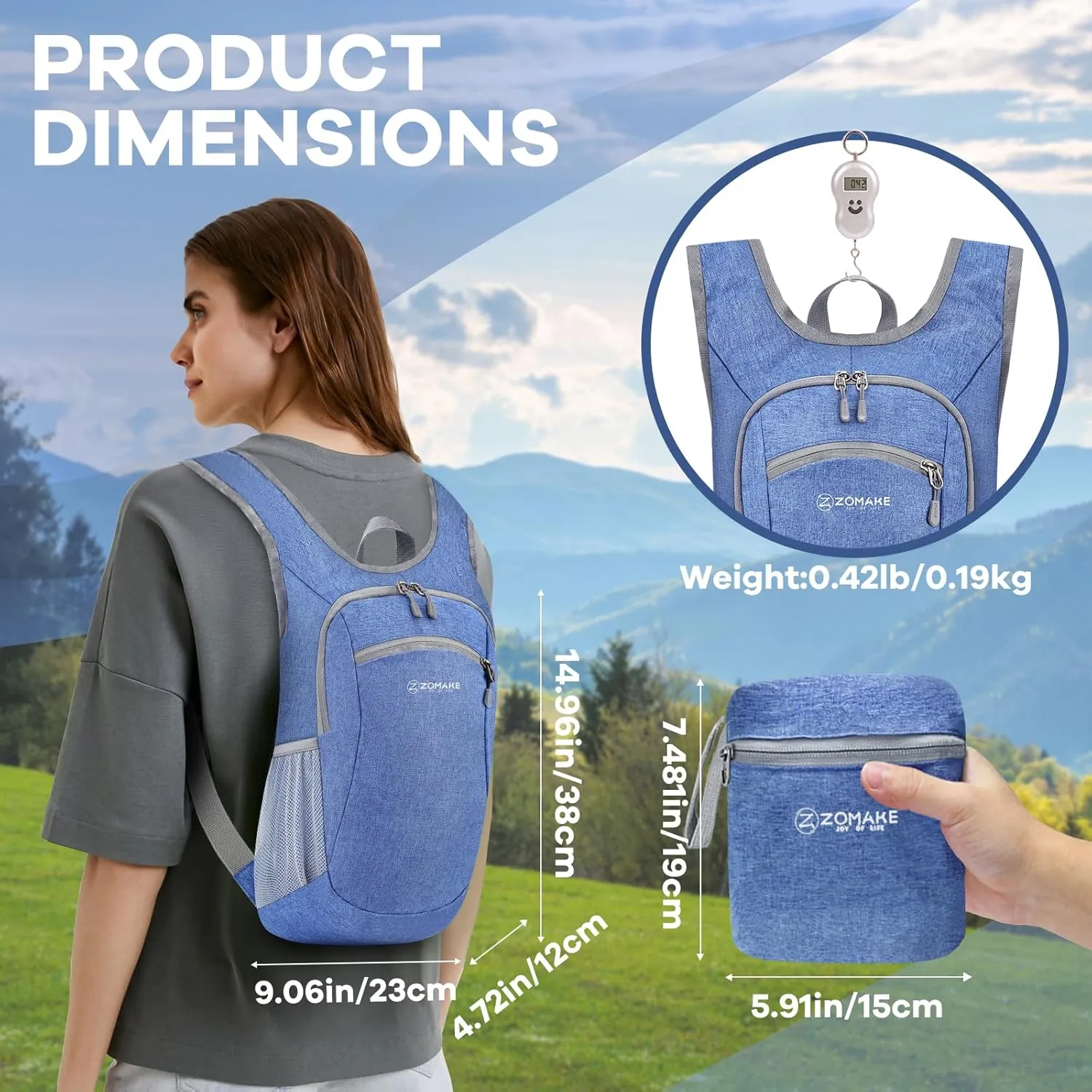 ZOMAKE Ultra Lightweight Packable Backpack, 10L Small Daypack Light Foldable Backpacks Water Resistant Day Bag for Hiking (Dark Blue)