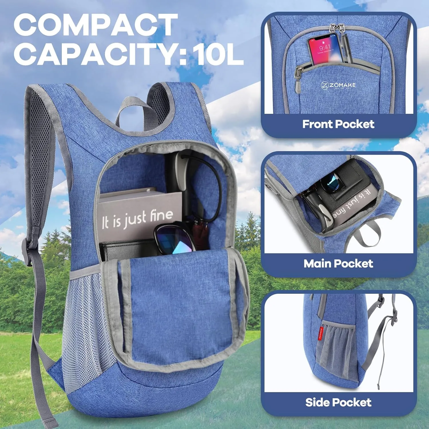 ZOMAKE Ultra Lightweight Packable Backpack, 10L Small Daypack Light Foldable Backpacks Water Resistant Day Bag for Hiking (Dark Blue)