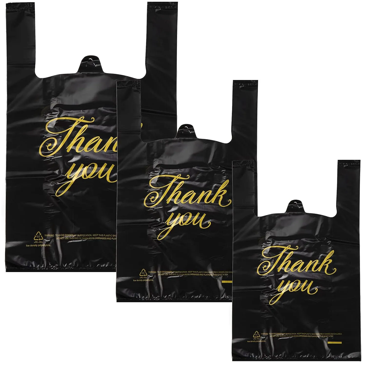 Zonon 200 Pieces Thank You Plastic Bags 3 Sizes Shopping T Shirt Bags with Handle for Small Business Retail Boutiques Grocery(Black Bag with Gold Letters)