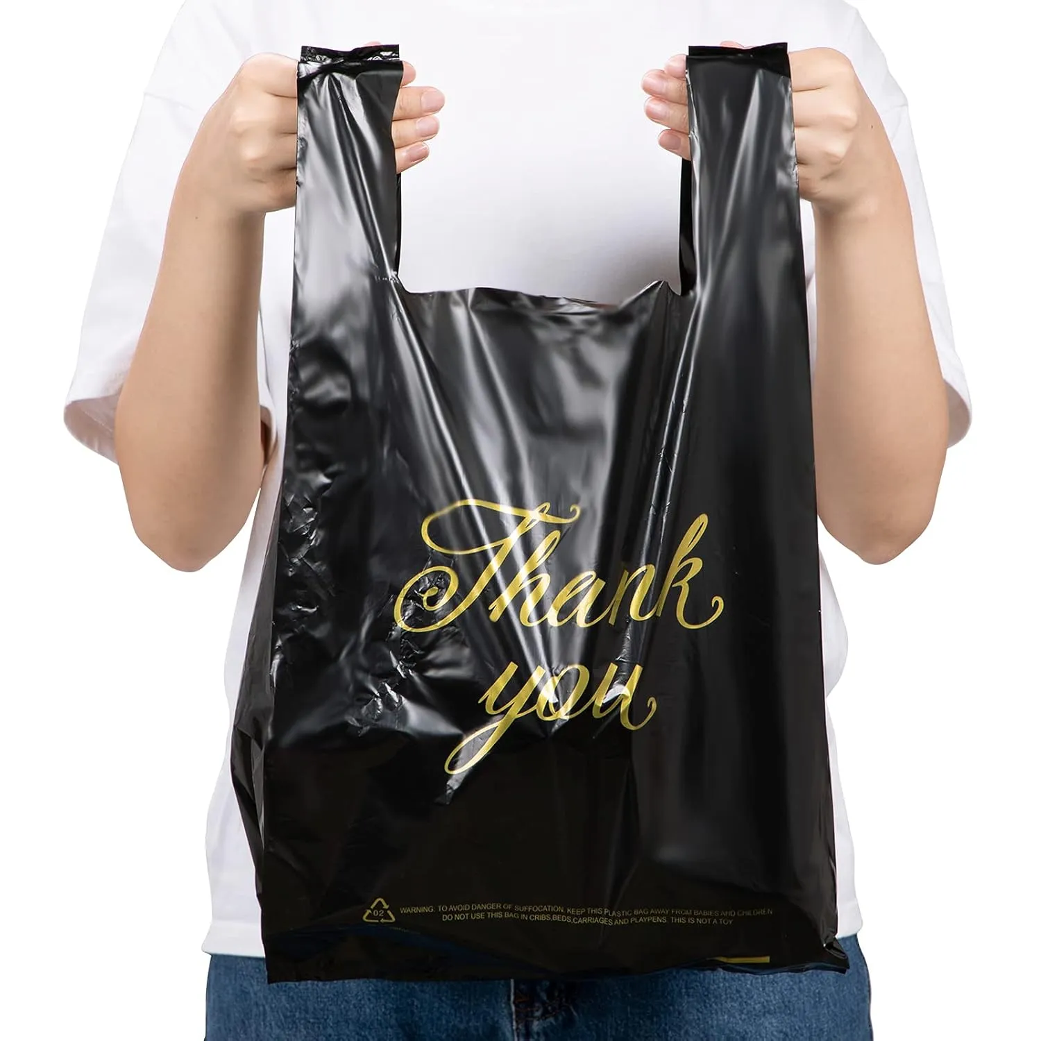 Zonon 200 Pieces Thank You Plastic Bags 3 Sizes Shopping T Shirt Bags with Handle for Small Business Retail Boutiques Grocery(Black Bag with Gold Letters)