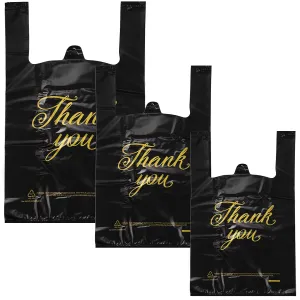 Zonon 200 Pieces Thank You Plastic Bags 3 Sizes Shopping T Shirt Bags with Handle for Small Business Retail Boutiques Grocery(Black Bag with Gold Letters)