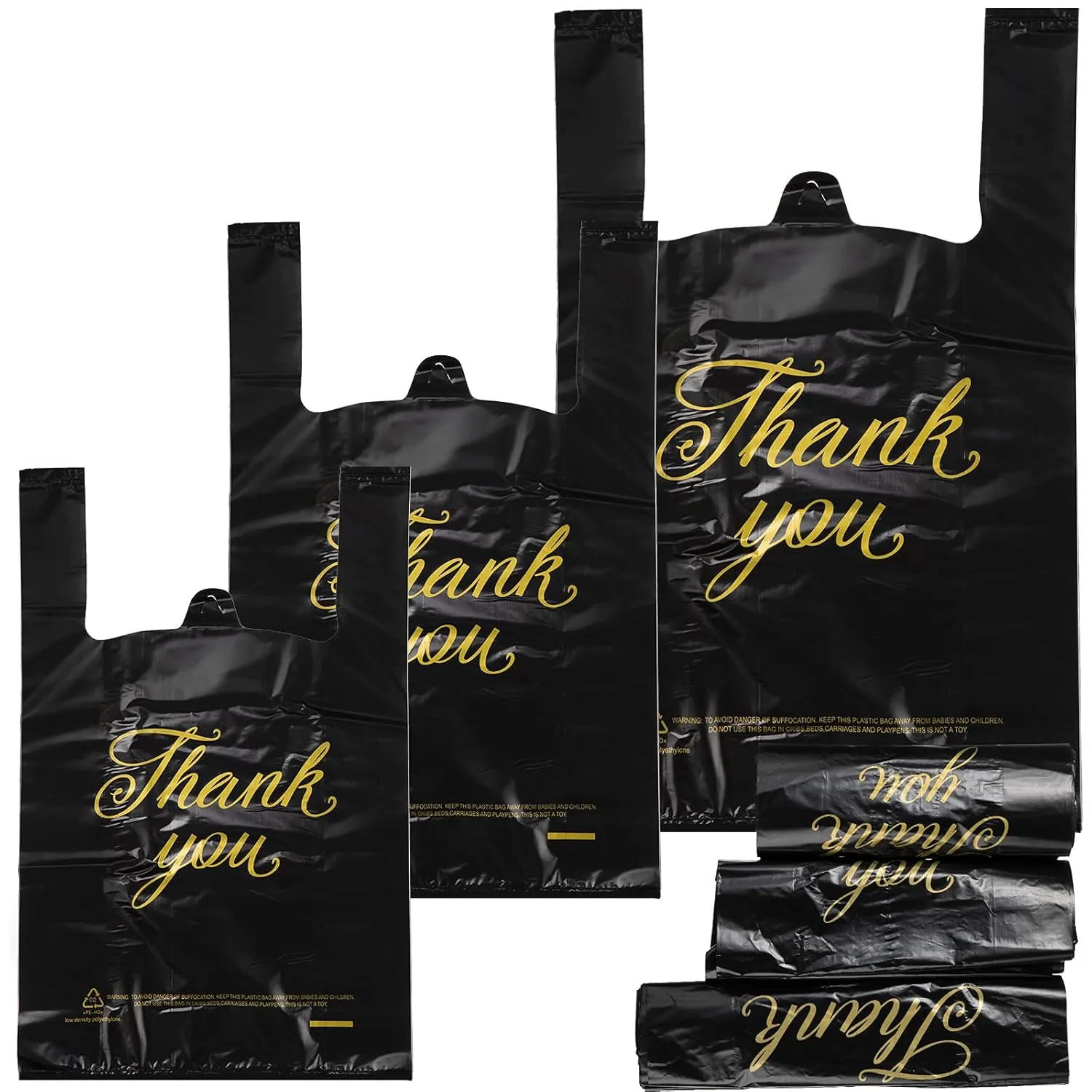 Zonon 200 Pieces Thank You Plastic Bags 3 Sizes Shopping T Shirt Bags with Handle for Small Business Retail Boutiques Grocery(Black Bag with Gold Letters)