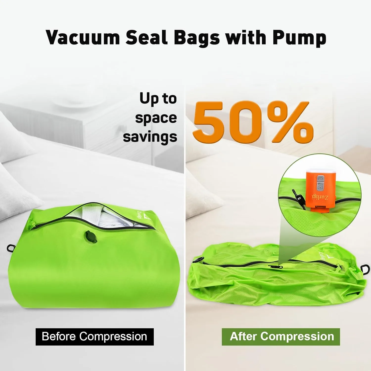 Zurligi Vacuum Bags for Travel with Pump, Vacuum Compression Bag with Adjustable Shoulder Strap, IP67 Reusable Vacuum Packing Cubes for Luggage, Backpack, Suitcase, Yoga, Swim, Beach